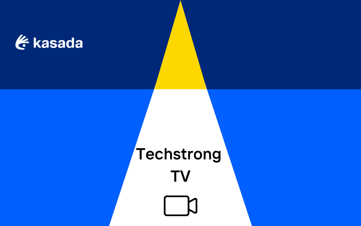 Background of geometric shapes with the Kasada logo in the top left corner and Techstrong TV centered above an icon of a video camera