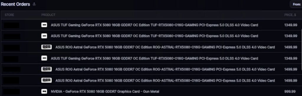 Proof of scalper bot checkouts of Nvidia's 5090 GPU