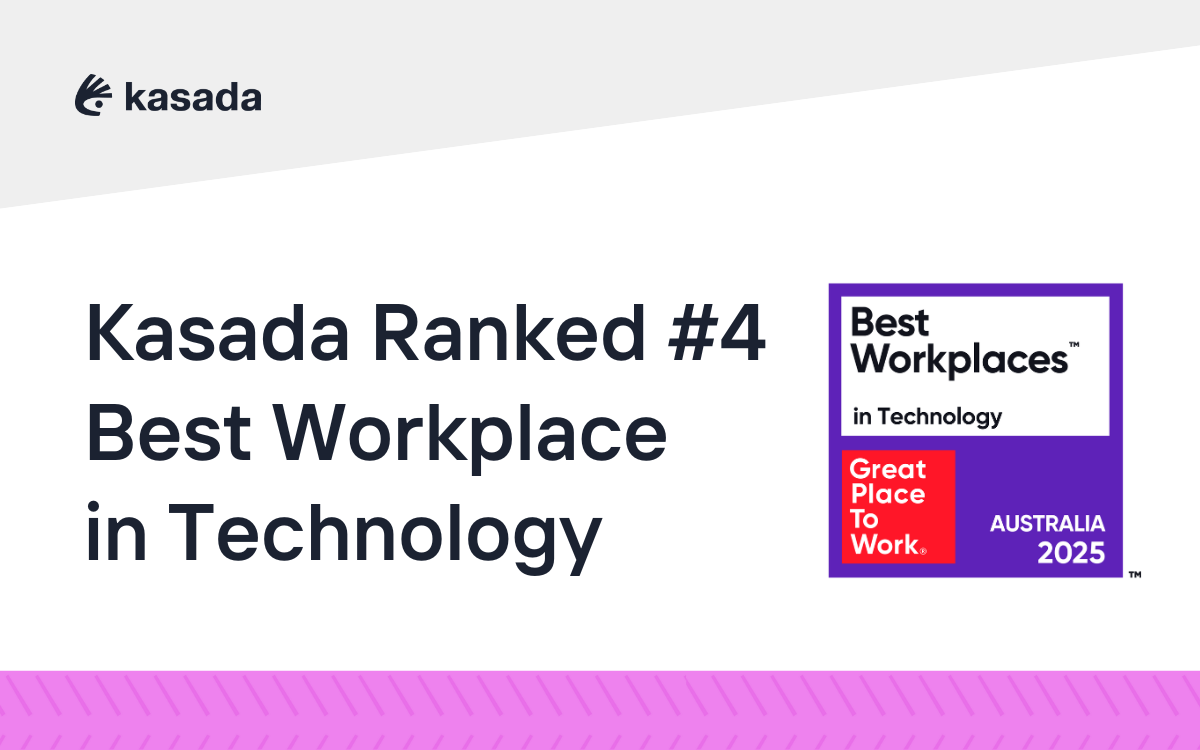 White background with pink bottom border with header text that reads "Kasada Ranked #4 Best Workplace in Technology" with a Best Workplaces badge to the right.