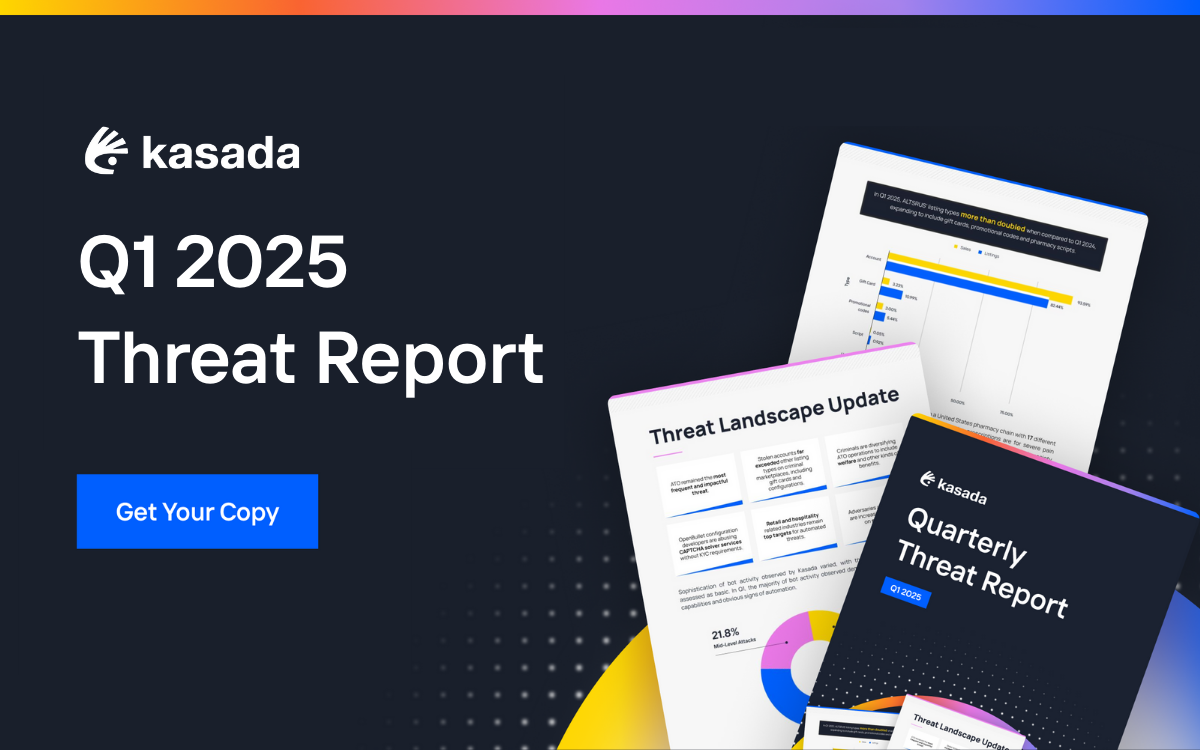 Midnight blue background with title text "Q1 2025 Threat Report" with an image of Kasada's new Threat Report.