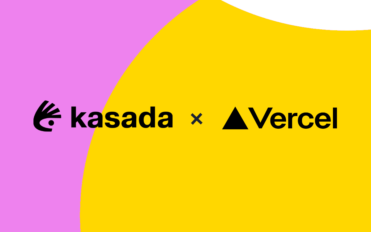 Kasada and Vercel logos on yellow and pink background