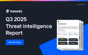 Images of Kasada's 2025 Q3 Threat Intelligence Report on a midnight blue background with text