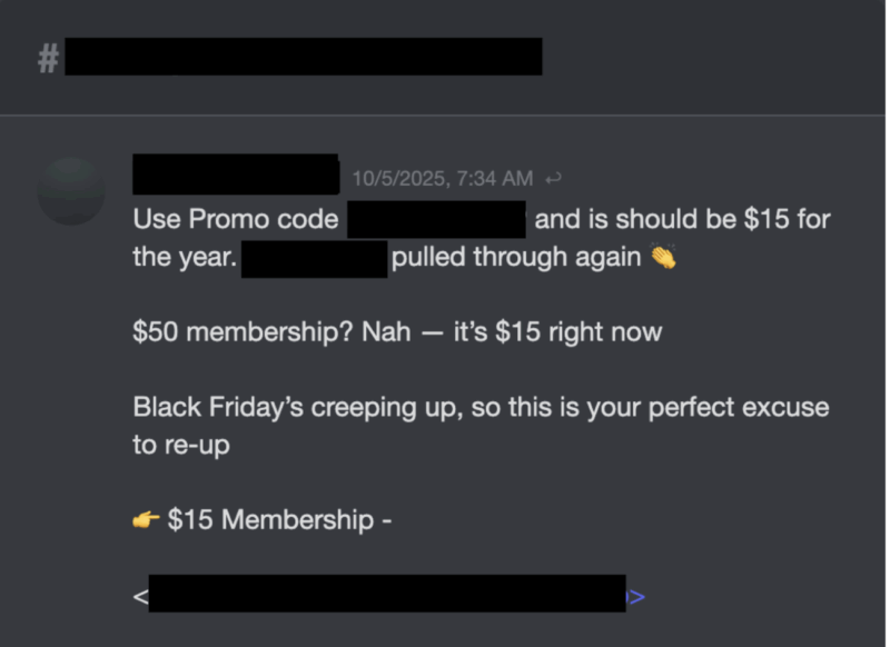 Screenshot of a message from a botting community that is advertising promo code abuse 2025