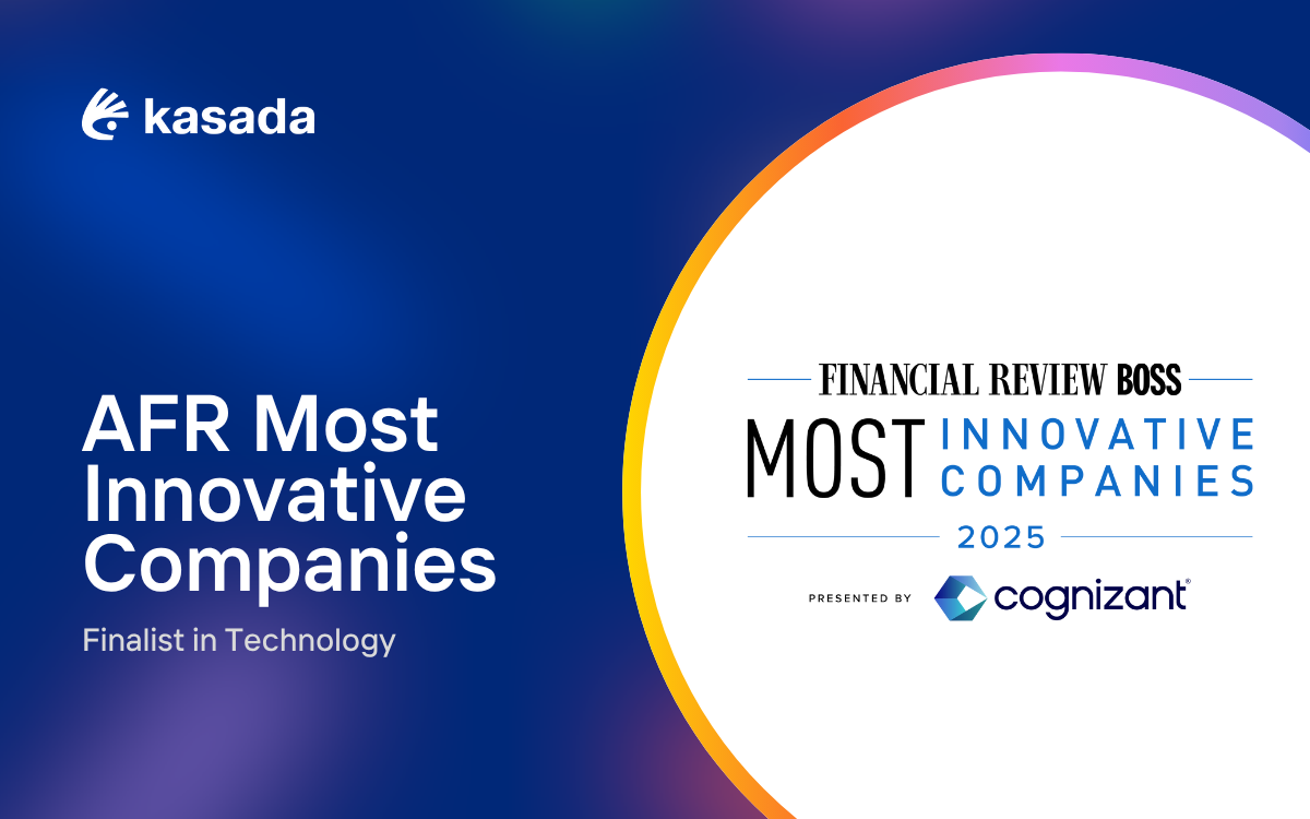 Navy blue background with text that says "AFR Most Innovative Companies Finalist in Technology" with the Australia Financial Review Most Innovative Companies list logo