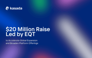 Navy blue blurred background with kasada logo in white with the title: $20 Million Raise Les by EQT"