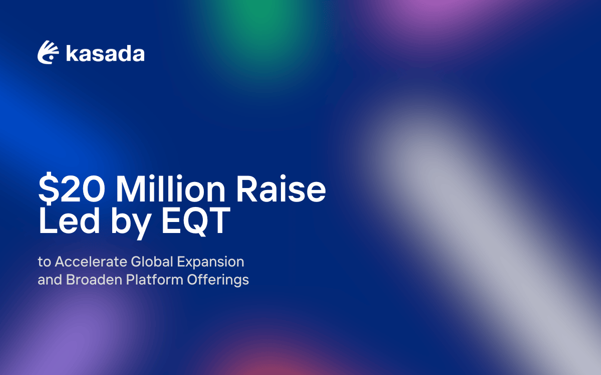 Navy blue blurred background with kasada logo in white with the title: $20 Million Raise Les by EQT"